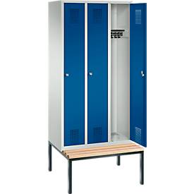 Garderobenspind Evolo S 3000, Stahl, m. untergeb. Sitzbank, 3 Abteile m. jew. B 300 mm, Zylinderschloss, lichtgrau RAL 7035/enzianblau RAL 5010