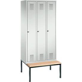 Garderobenspind Evolo S 3000, Stahl, m. untergeb. Sitzbank, 3 Abteile m. jew. B 300 mm, Zylinderschloss, lichtgrau RAL 7035/lichtgrau RAL 7035