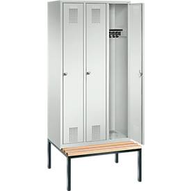 Garderobenspind Evolo S 3000, Stahl, m. untergeb. Sitzbank, 3 Abteile m. jew. B 300 mm, Zylinderschloss, lichtgrau RAL 7035/lichtgrau RAL 7035