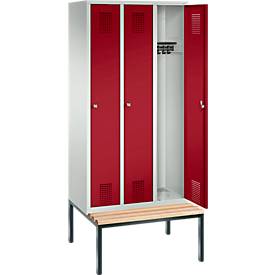 Garderobenspind Evolo S 3000, Stahl, m. untergeb. Sitzbank, 3 Abteile m. jew. B 300 mm, Zylinderschloss, lichtgrau RAL 7035/rubinrot RAL 3003