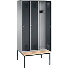 Garderobenspind Evolo S 3000, Stahl, m. untergeb. Sitzbank, 3 Abteile m. jew. B 300 mm, Zylinderschloss, weißaluminium RAL 9006/anthrazit RAL 7016