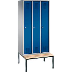 Garderobenspind Evolo S 3000, Stahl, m. untergeb. Sitzbank, 3 Abteile m. jew. B 300 mm, Zylinderschloss, weißaluminium RAL 9006/enzianblau RAL 5010