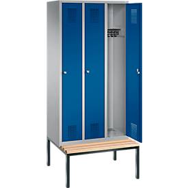Garderobenspind Evolo S 3000, Stahl, m. untergeb. Sitzbank, 3 Abteile m. jew. B 300 mm, Zylinderschloss, weißaluminium RAL 9006/enzianblau RAL 5010