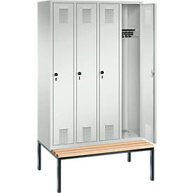 Garderobenspind Evolo S 3000, Stahl, m. untergeb. Sitzbank, 4 Abteile m. jew. B 300 mm, Sicherheitsdrehriegelverschluss, lichtgrau RAL 7035/lichtgrau RAL 7035