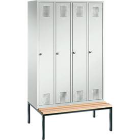 Garderobenspind Evolo S 3000, Stahl, m. untergeb. Sitzbank, 4 Abteile m. jew. B 300 mm, Zylinderschloss, lichtgrau RAL 7035/lichtgrau RAL 7035