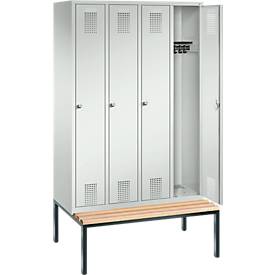 Garderobenspind Evolo S 3000, Stahl, m. untergeb. Sitzbank, 4 Abteile m. jew. B 300 mm, Zylinderschloss, lichtgrau RAL 7035/lichtgrau RAL 7035