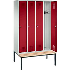 Garderobenspind Evolo S 3000, Stahl, m. untergeb. Sitzbank, 4 Abteile m. jew. B 300 mm, Zylinderschloss, lichtgrau RAL 7035/rubinrot RAL 3003