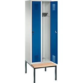 Garderobenspind Evolo S 3000, Stahl, m. untergebauter Sitzbank, 2 Abteile m. jew. B 300 mm, Sicherheitsdrehriegelverschluss, lichtgrau RAL 7035/enzianblau RAL 5010
