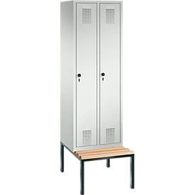 Garderobenspind Evolo S 3000, Stahl, m. untergebauter Sitzbank, 2 Abteile m. jew. B 300 mm, Sicherheitsdrehriegelverschluss, lichtgrau RAL 7035/lichtgrau RAL 7035
