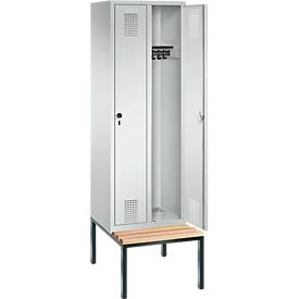 Garderobenspind Evolo S 3000, Stahl, m. untergebauter Sitzbank, 2 Abteile m. jew. B 300 mm, Sicherheitsdrehriegelverschluss, lichtgrau RAL 7035/lichtgrau RAL 7035