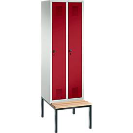 Garderobenspind Evolo S 3000, Stahl, m. untergebauter Sitzbank, 2 Abteile m. jew. B 300 mm, Sicherheitsdrehriegelverschluss, lichtgrau RAL 7035/rubinrot RAL 3003