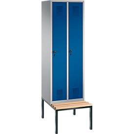 Garderobenspind Evolo S 3000, Stahl, m. untergebauter Sitzbank, 2 Abteile m. jew. B 300 mm, Sicherheitsdrehriegelverschluss, weißaluminium RAL 9006/enzianblau RAL 5010
