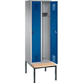 Garderobenspind Evolo S 3000, Stahl, m. untergebauter Sitzbank, 2 Abteile m. jew. B 300 mm, Sicherheitsdrehriegelverschluss, weißaluminium RAL 9006/enzianblau RAL 5010