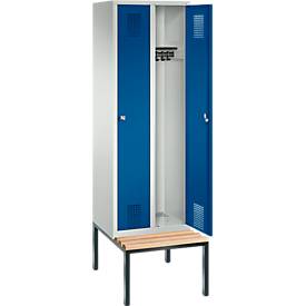 Garderobenspind Evolo S 3000, Stahl, m. untergebauter Sitzbank, 2 Abteile m. jew. B 300 mm, Zylinderschloss, lichtgrau RAL 7035/enzianblau RAL 5010