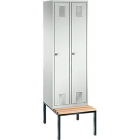 Garderobenspind Evolo S 3000, Stahl, m. untergebauter Sitzbank, 2 Abteile m. jew. B 300 mm, Zylinderschloss, lichtgrau RAL 7035/lichtgrau RAL 7035