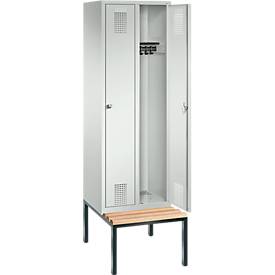 Garderobenspind Evolo S 3000, Stahl, m. untergebauter Sitzbank, 2 Abteile m. jew. B 300 mm, Zylinderschloss, lichtgrau RAL 7035/lichtgrau RAL 7035