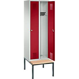 Garderobenspind Evolo S 3000, Stahl, m. untergebauter Sitzbank, 2 Abteile m. jew. B 300 mm, Zylinderschloss, lichtgrau RAL 7035/rubinrot RAL 3003