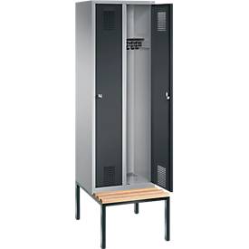 Garderobenspind Evolo S 3000, Stahl, m. untergebauter Sitzbank, 2 Abteile m. jew. B 300 mm, Zylinderschloss, weißaluminium RAL 9006/anthrazit RAL 7016