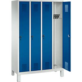 Garderobenspind Evolo S 3000, Stahl, mit Füßen, 4 Abteile mit jeweils B 300 mm, Drehriegel, lichtgrau RAL 7035/enzianblau RAL 5010