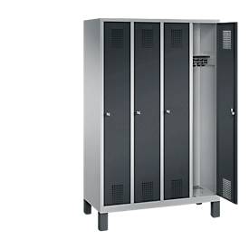 Garderobenspind Evolo S 3000, Stahl, mit Füßen, 4 Abteile mit jeweils B 300 mm, Zylinderschloss, weißaluminium RAL 9006/anthrazit RAL 7016