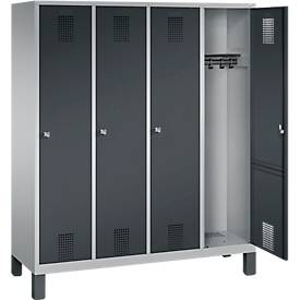 Garderobenspind Evolo S 3000, Stahl, mit Füßen, 4 Abteile mit jeweils B 400 mm, Zylinderschloss, weißaluminium RAL 9006/anthrazit RAL 7016