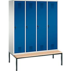 Garderobenspind Evolo S 3000, Stahl, Sitzbank, 4 Abteile mit jew. B 400 mm, Drehriegel, lichtgrau RAL 7035/enzianblau RAL 5010