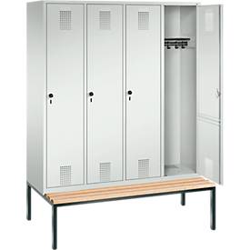 Garderobenspind Evolo S 3000, Stahl, Sitzbank, 4 Abteile mit jew. B 400 mm, Drehriegel, lichtgrau RAL 7035/lichtgrau RAL 7035
