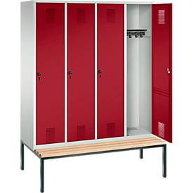 Garderobenspind Evolo S 3000, Stahl, Sitzbank, 4 Abteile mit jew. B 400 mm, Drehriegel, lichtgrau RAL 7035/rubinrot RAL 3003