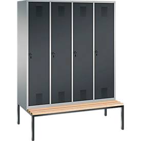 Garderobenspind Evolo S 3000, Stahl, Sitzbank, 4 Abteile mit jew. B 400 mm, Drehriegel, weißaluminium RAL 9006/anthrazit RAL 7016
