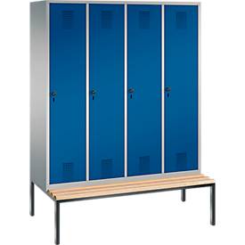 Garderobenspind Evolo S 3000, Stahl, Sitzbank, 4 Abteile mit jew. B 400 mm, Drehriegel, weißaluminium RAL 9006/enzianblau RAL 5010