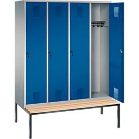 Garderobenspind Evolo S 3000, Stahl, Sitzbank, 4 Abteile mit jew. B 400 mm, Drehriegel, weißaluminium RAL 9006/enzianblau RAL 5010