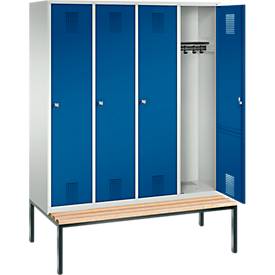 Garderobenspind Evolo S 3000, Stahl, Sitzbank, 4 Abteile mit jew. B 400 mm, Zylinderschloss, lichtgrau RAL 7035/enzianblau RAL 5010