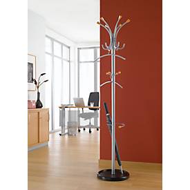 Garderobenständer, Ø 365 x H 1760 mm, 6 Hut-/Mantelhaken & 4 Haken für Schals & Taschen, mit Schirmhalter & Tropfmulde, Stahl, silbermetallic