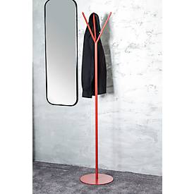 Garderobenständer HAKU, 3 Haken, Gesamttragkraft 25 kg, Fußplatte, Ø 350 x H 1730 mm, Stahlrohr pulverbeschichtet/Metall, korallenrot