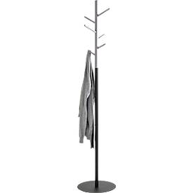 Garderobenständer HAKU, 6 Haken mit jeweils 5 kg Tragkraft, Ø 360 x H 1700 mm, Stahlrohr pulverbeschichtet/Holz/Metall, grau-schwarz