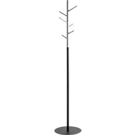 Garderobenständer HAKU, 6 Haken mit jeweils 5 kg Tragkraft, Ø 360 x H 1700 mm, Stahlrohr pulverbeschichtet/Holz/Metall, grau-schwarz