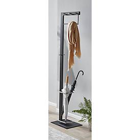 Garderobenständer HAKU, 8 Knöpfe mit jeweils 5 kg Tragkraft, Schirmhalterung, B 350 x T 410 x H 1750 mm, Stahlrohr pulverbeschichtet/Metall, chrom-schwarz