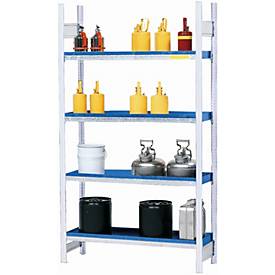 Gefahrstoffregal asecos RWW 1364, B 1360 x T 640 x H 2000 mm, mit 4 40 l Wannenböden aus lackiertem Stahl