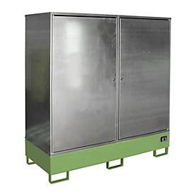 Gefahrstoffschrank BAUER GS-2, Stahlblech, unterfahrbar, für 2 x 200 l Fässer, B 1680 x T 690 x  H 1780 mm, grün