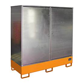 Gefahrstoffschrank BAUER GS-2, Stahlblech, unterfahrbar, für 2 x 200 l Fässer, B 1680 x T 690 x H 1780 mm, orange