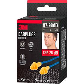 Gehörschutzstöpsel 3M 1271, wiederverwendbar, SNR-Wert 26 dB, mit Kordel, TPE, orange, 1 Paar, in Kissenverpackung