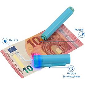 Geldscheinprüfer Stift Genie Quick Tester Plus, prüft Euro/USD/GBP/CHF durch chemische Reaktion und UV-Licht, Batteriebetrieb