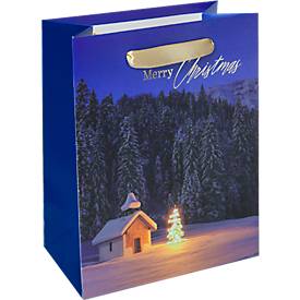 Geschenktasche Sigel Christmas Chapel, Weihnachts-Motiv, Bodeneinlage, Seidenbandgriffe, B 180 x T 100 x H 230 mm, Weißkarton/Kunststoff, blau, 1 Stück