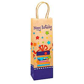 Geschenktüte für Flaschen „Happy Birthday“, mit Tragekordel, B 120 x T 80 x H 360 mm, Kraftpapier, beige & farbig bedruc