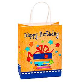 Geschenktüte „Happy Birthday“, Format A5, mit Tragekordel, B 180 x T 100 x H 230 mm, Kraftpapier, beige &amp;amp; farbig