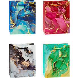 Geschenktüten Set TSI Marmor, 12-teilig, 4 verschiedene Motive, A5, Tragekordel, Beschriftungskärtchen, B 180 x T 100 x H 230 mm, PP-Folie, rot