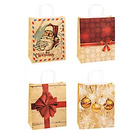 Geschenktüten Weihnachten TSI Serie 4, 4 verschiedene Motive, groß, B 260 x T 135 x H 320 mm, 100 % recycelbar, Kraftpapier, beige-rot, 12 Stück
