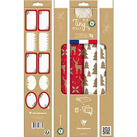 Geschenkverpackungs-Set Clairefontaine, rot-weiß, 2 Tinyrollen Geschenkpapier L 5 m x B 350 mm, Geschenkband L 20 m & 10 Geschenkanhänger