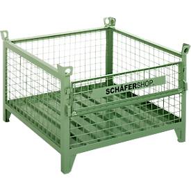 Gitterbehälter Schäfer Shop Select, mit halbklappbarer Wand, B 1000 x T 800 x H 605 mm, resedagrün RAL 6011, Traglast bis 1000 kg