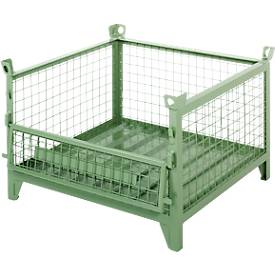 Gitterbehälter Schäfer Shop Select, mit halbklappbarer Wand, B 1000 x T 800 x H 605 mm, resedagrün RAL 6011, Traglast bis 1000 kg